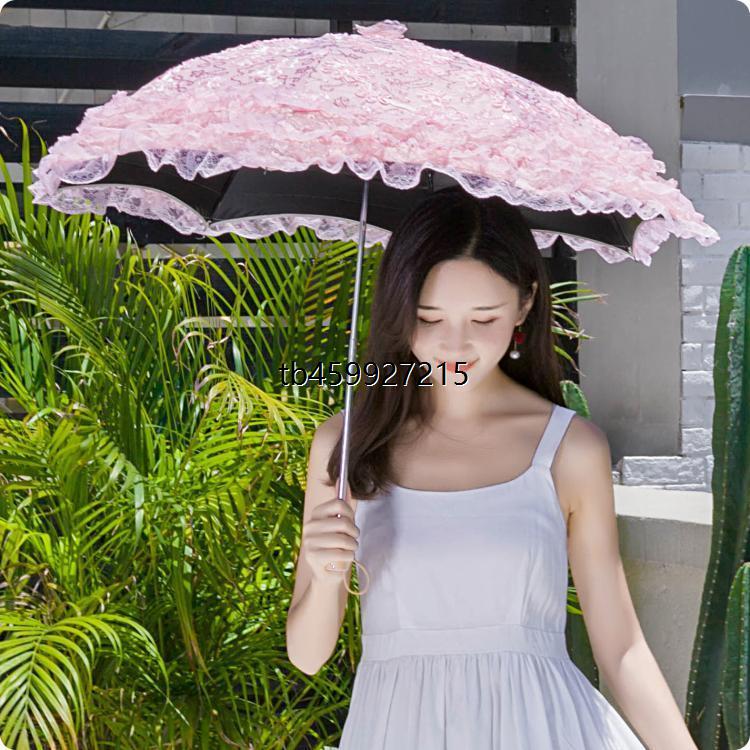 蕾丝刺绣花亮片黑胶二折防紫外线遮阳太阳伞公主晴雨伞洋伞粉红色