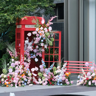 仿真花造景电话亭瀑布花艺装饰网红打卡复古道具活动布置美陈花艺
