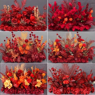 新款婚庆花排红色中式地排花假花农村结婚路引花艺仿真花婚礼装饰