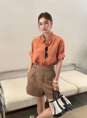 正品2026夏季新款韩系翻领短袖衬衫女宽松休闲上衣60086