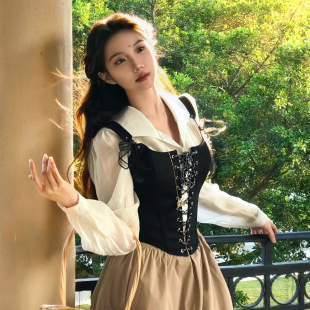 DandD1912日常法式 胸衣百搭系带鱼骨收腰背心卡其色半裙套装