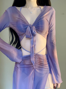 新款紫色长裙比基尼四件套性感高级防晒罩衫海边度假泡温泉泳衣女