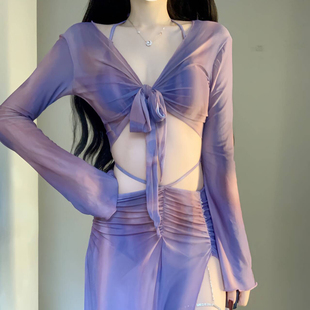 新款 海边度假泡温泉泳衣女 紫色长裙比基尼四件套性感高级防晒罩衫