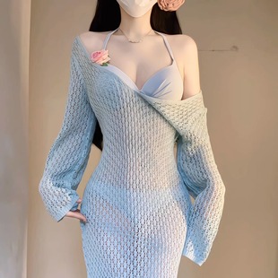 绝美蓝色辣妹泳衣女海边罩衫 防晒度假高级长裙泡温泉比基尼纯欲风