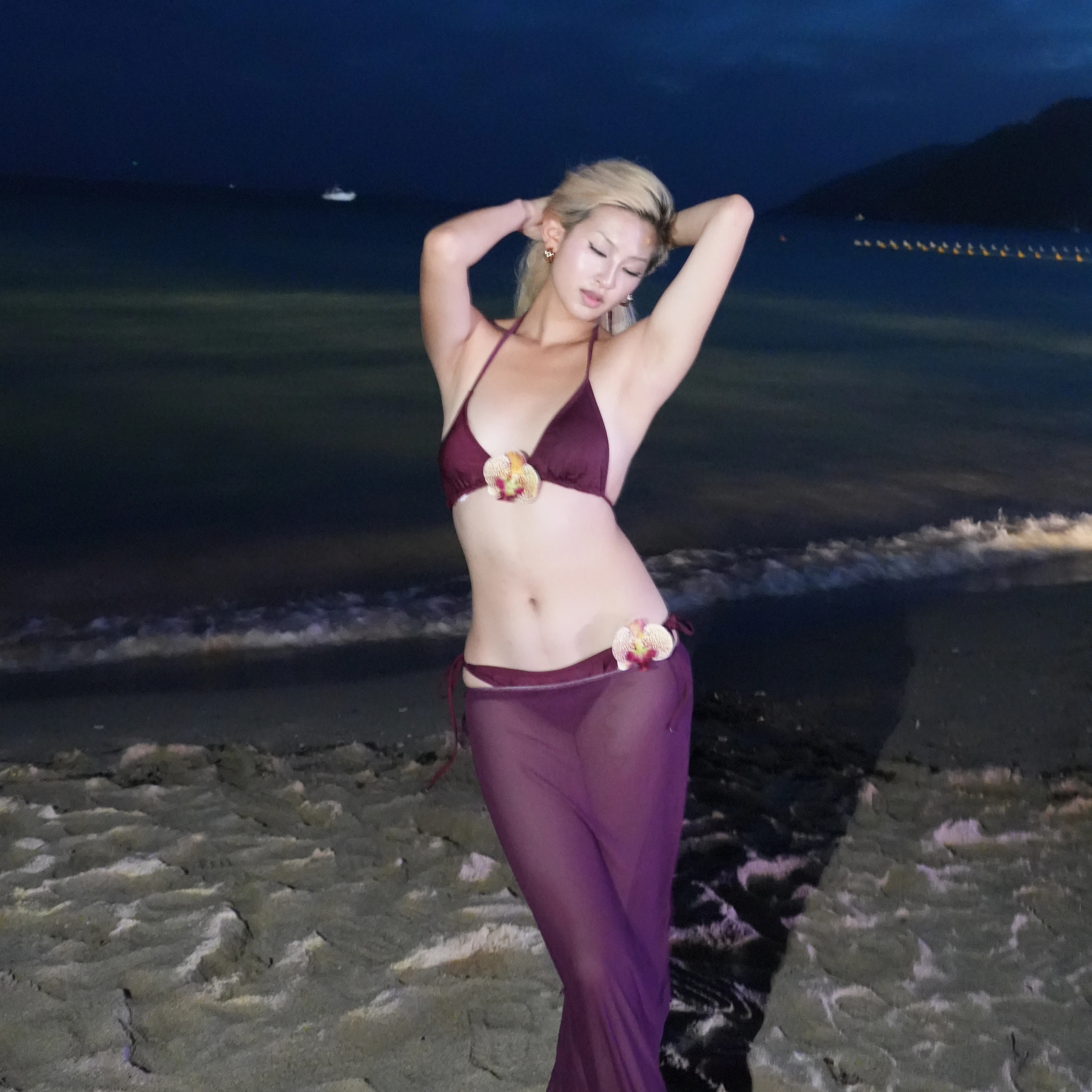 紫色显白比基尼长裙三件套高级感小胸聚拢度假辣妹泳衣女款泡温泉