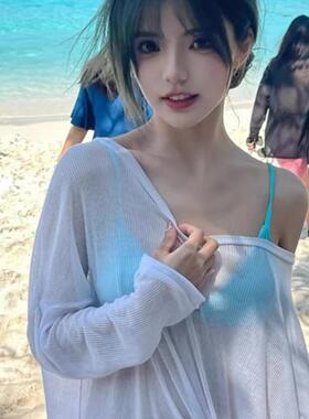 【罩衫】防晒比基尼沙滩泳衣罩衫海边温泉外套蕾丝宽松长袖可下水