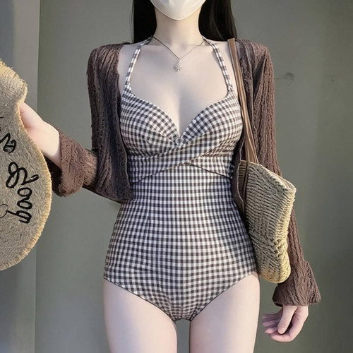 纯欲长袖罩衫小胸聚拢连体泳衣女