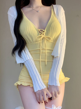 2026新款甜美小清新荷叶边韩版少女连体泳衣女开衫两件套防晒遮肉