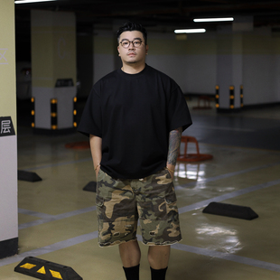 vensonshop美式重磅短款纯棉男士宽松短袖夏季t恤纯色上衣宽领ins