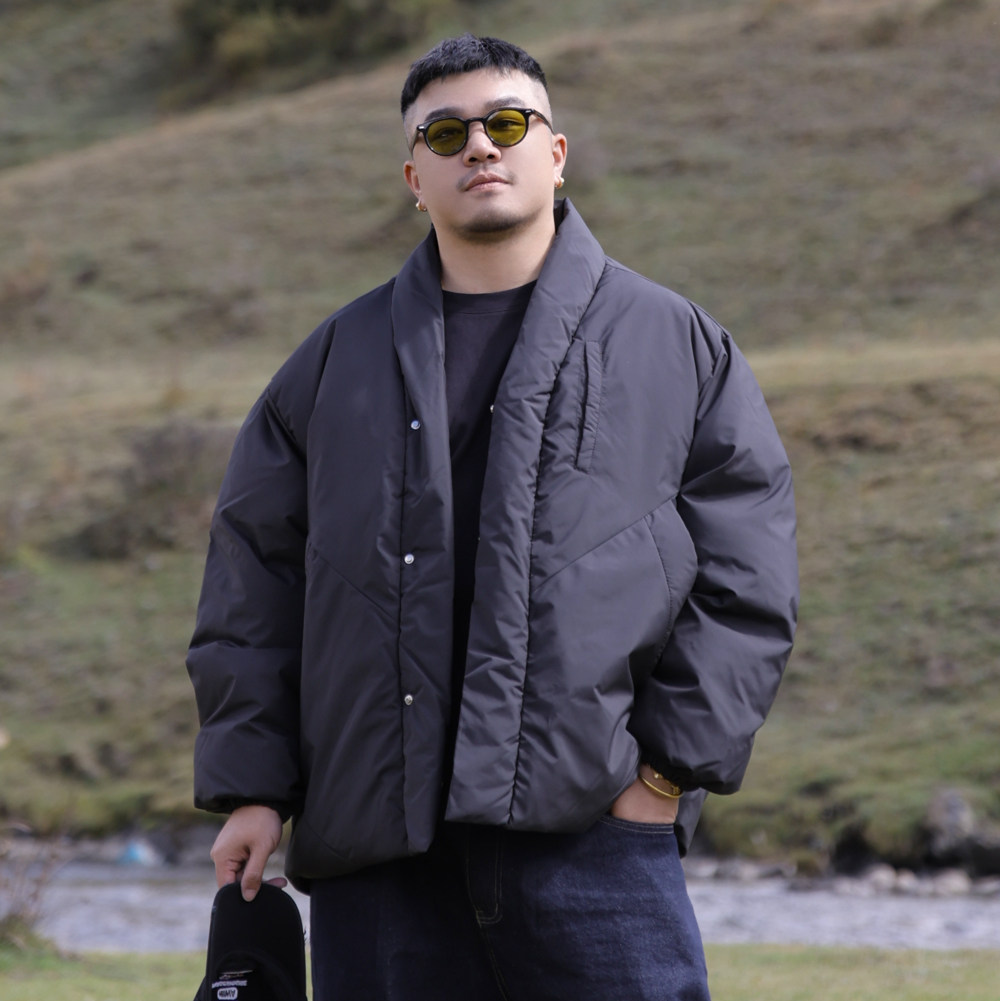 vensonshop日系大码黑色加厚宽松棉服夹棉无领道袍工装保暖棉服