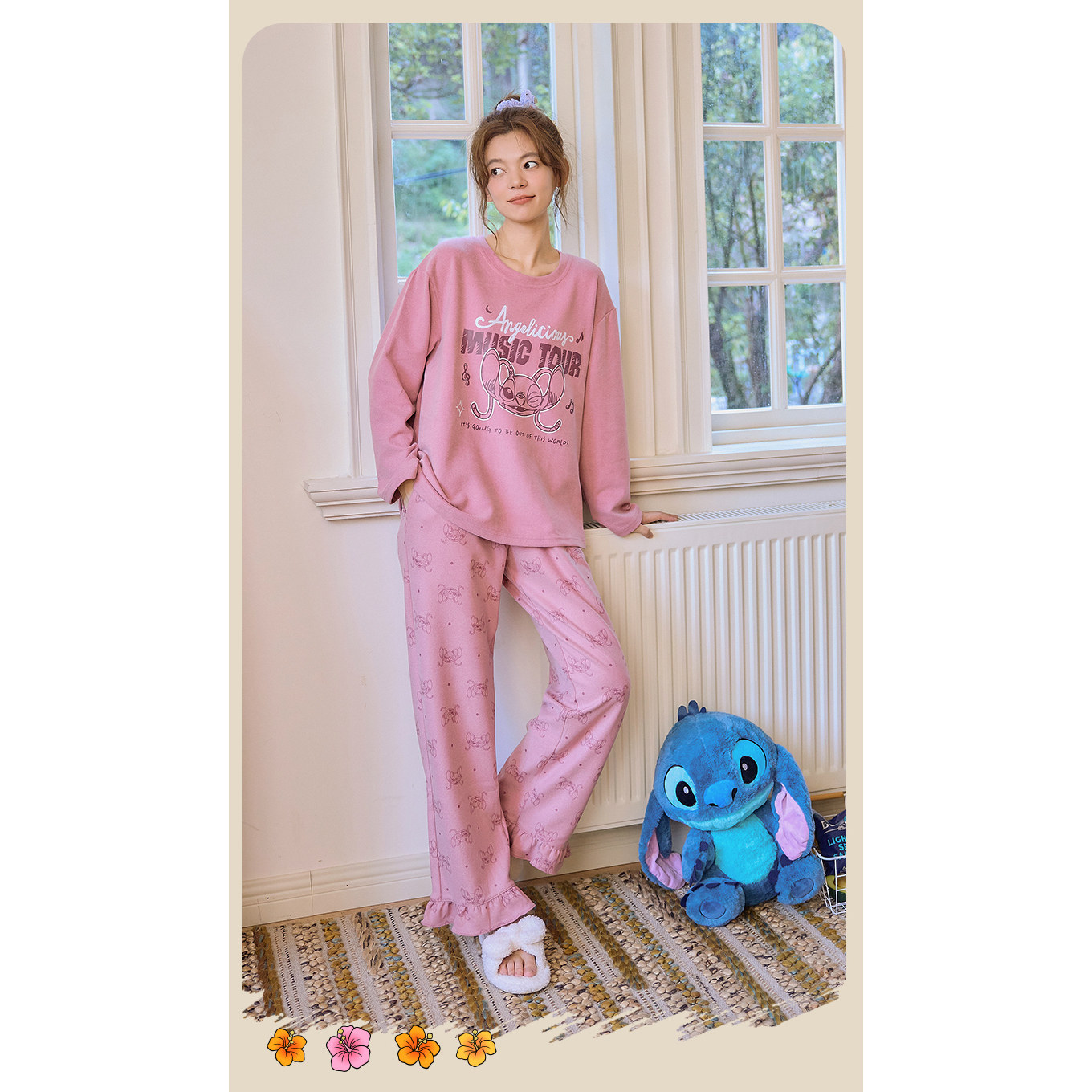 Disney迪士尼秋冬女羊绒蚕丝长袖长裤休闲甜美可爱舒适家居服0180