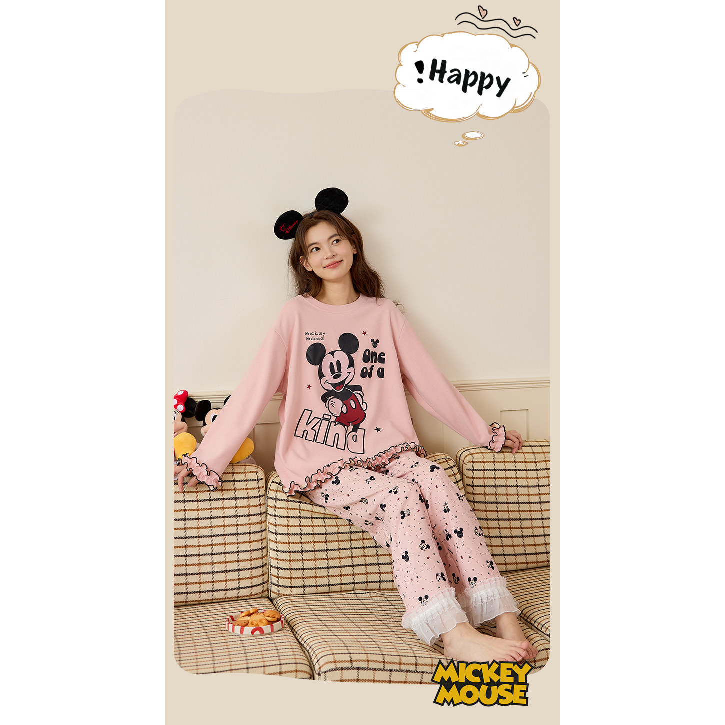 Disney迪士尼羊绒蚕丝女卡通长袖长裤秋冬印花宽松甜美家居服0217