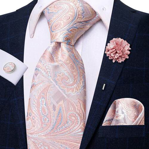 Paisley Pink Necktie With Brooch Silk Elegent Wedding Tie Fo