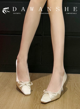 羊皮版~绝美仙女风方头蝴蝶结高跟鞋女2026年新款名媛风细跟单鞋