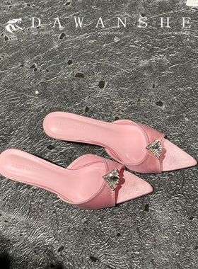 羊皮版~尖头高跟凉鞋女2026夏季新款绸缎水钻性感一字带凉拖鞋