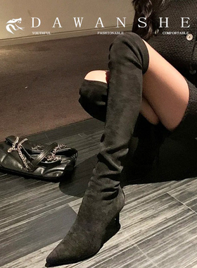 羊皮版~性感黑色高跟过膝长靴辣妹爆款秋冬尖头高跟靴御姐穿搭靴