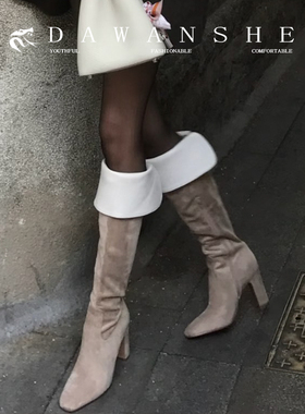 真皮6cm~韩女高跟过膝骑士靴女2025秋冬新款可翻折两穿侧拉链长靴