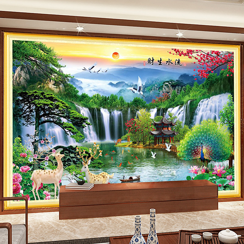 自粘墙贴画壁画中式山水壁纸客厅沙发电视背景墙防水风景画装饰画