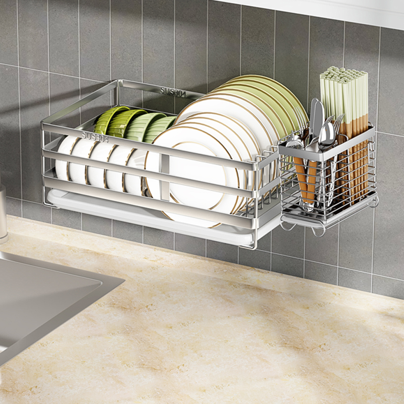 304不锈钢碗架厨房置物架放碗筷沥水架免打孔壁挂单层碗碟收纳架