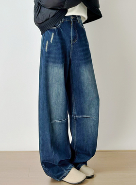 十一Studio慵懒感复古蓝加绒牛仔裤阔腿橡胶裤女宽松显瘦破洞长裤