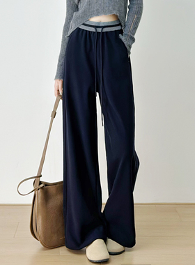 十一Studio【糯米软毛呢】加绒休闲撞色腰阔腿裤显瘦束腿裤卫裤女
