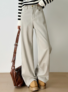 十一Studio极简浅色高腰阔腿弯刀裤松弛感拖地裤显瘦加绒牛仔长裤