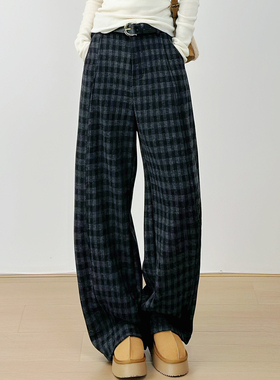 十一Studio复古格子加绒羊毛呢弯刀裤女高腰宽松显瘦垂感休闲裤