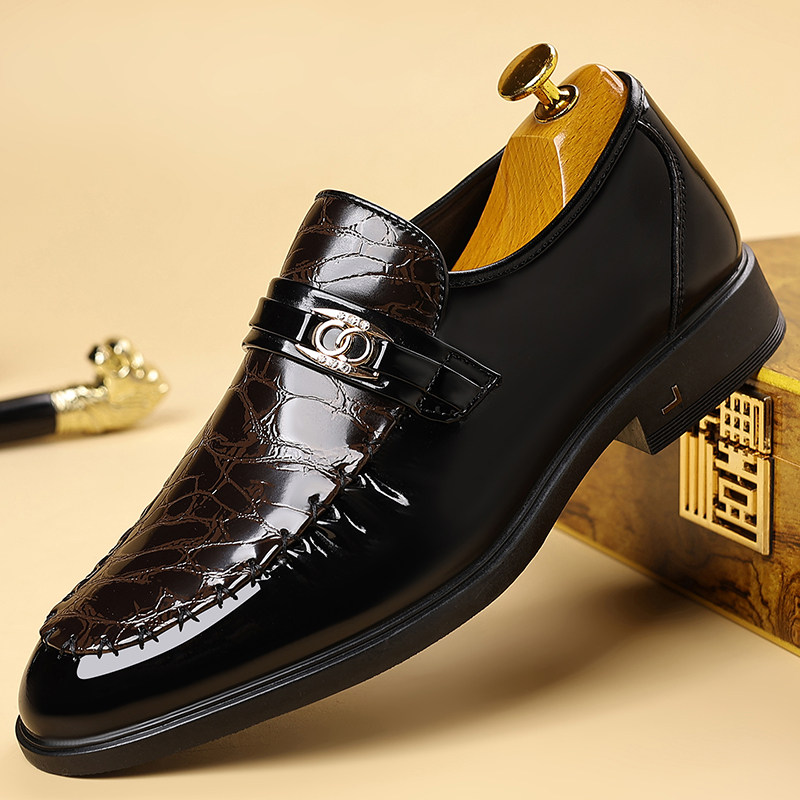 一脚蹬男鞋透气男士英伦真皮休闲皮鞋压花亮皮尖头商务正装婚鞋男