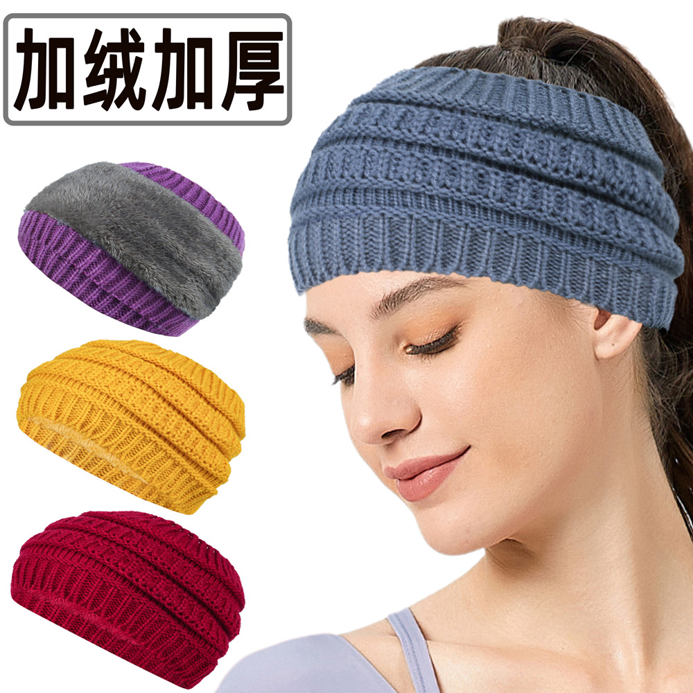 跨境加绒空顶毛线帽子秋冬保暖针织发带加厚宽防寒运动头带护耳套