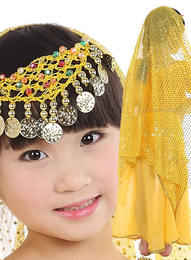 儿童肚皮舞头纱 女童印度舞头饰头纱 少儿民族舞演出吊币头巾加长