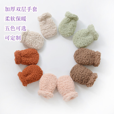 婴儿手套宝宝防抓手套新生儿护手套双层加厚保暖冬季泡泡绒小手套