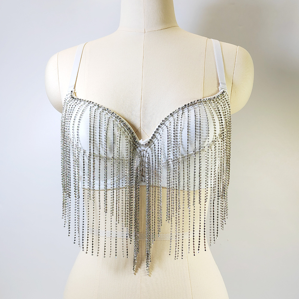 欧美性感风镶钻钉珠流苏鱼骨内衣外穿超短款肚皮舞美背抹胸大露背