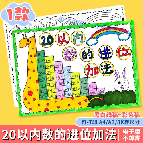 20二十以内数的进位加法减法手抄报模板一年级数学小报线稿涂色a4