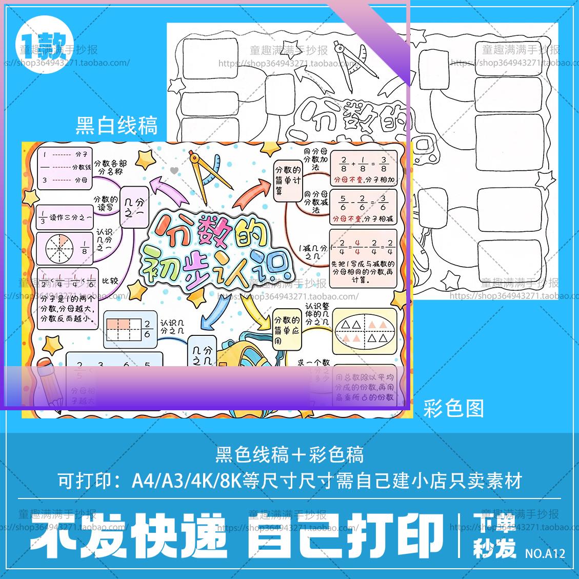 分数的初步认识思维导图手抄报电子模板三年级上册数学线稿小报