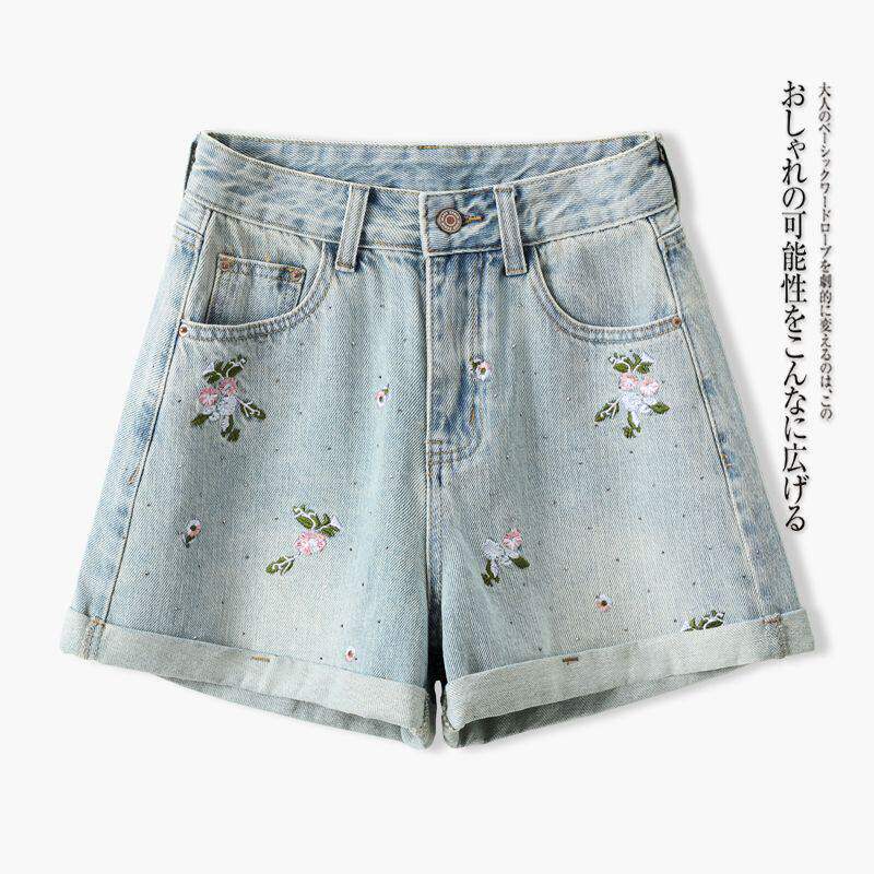 新中式国风碎花刺绣牛仔短裤女士2025夏季新款高腰时尚阔腿短裤潮