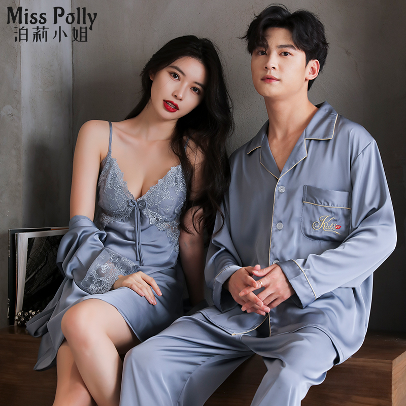 真丝情侣睡衣套装男款女款晨袍春秋季长袖大码性感家居服2025新款