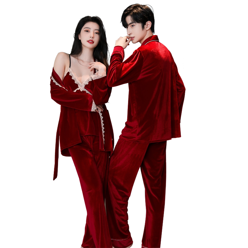 2套加厚红色睡衣情侣结婚晨袍性感冬季婚庆大码秋季高档婚用礼盒