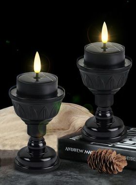 太阳能黑色仿油灯碗灯茶蜡暖白光清明祭祖墓地灯供奉长明灯无明火