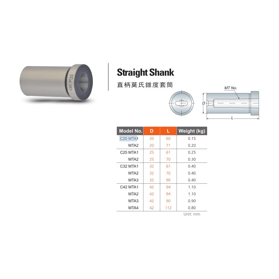 正宗台湾安威直柄莫氏锥度套筒C20-MTA1 C20-MTA2