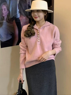 韩版 雕花套头连帽纯色毛衣女上衣减龄显瘦宽松长袖 百搭软糯针织衫