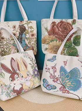 时尚刺绣帆布包双面金丝大容量单肩包手提包精致时尚小手拎包便携