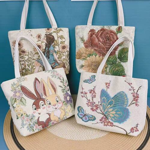 时尚刺绣帆布包双面金丝大容量包