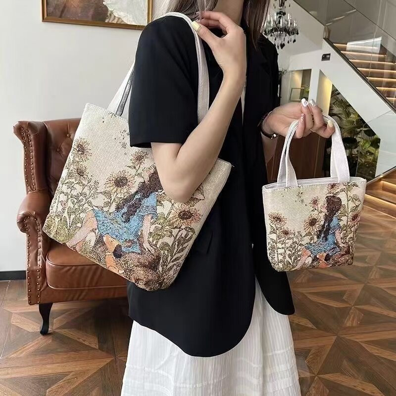双面金丝提花刺绣帆布包手提包