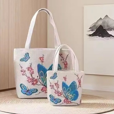刺绣蝴蝶帆布包双面金丝提花通勤