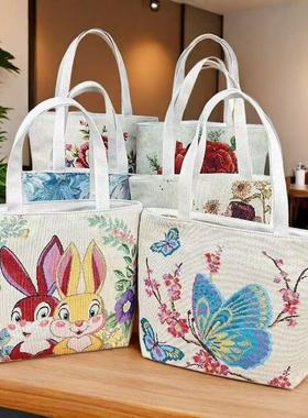 时尚双面金丝刺绣帆布包大容量单肩包手提包精致时尚小手拎包便携