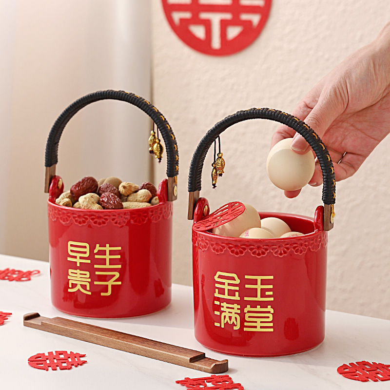 女方陪嫁新娘结婚用的子孙桶喜桶一对装早生贵子小号红桶子孙宝桶
