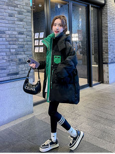 小個子時尚 歐貨拼接黑色中長款 羽絨棉服女2023年冬季 新款 外套 爆款
