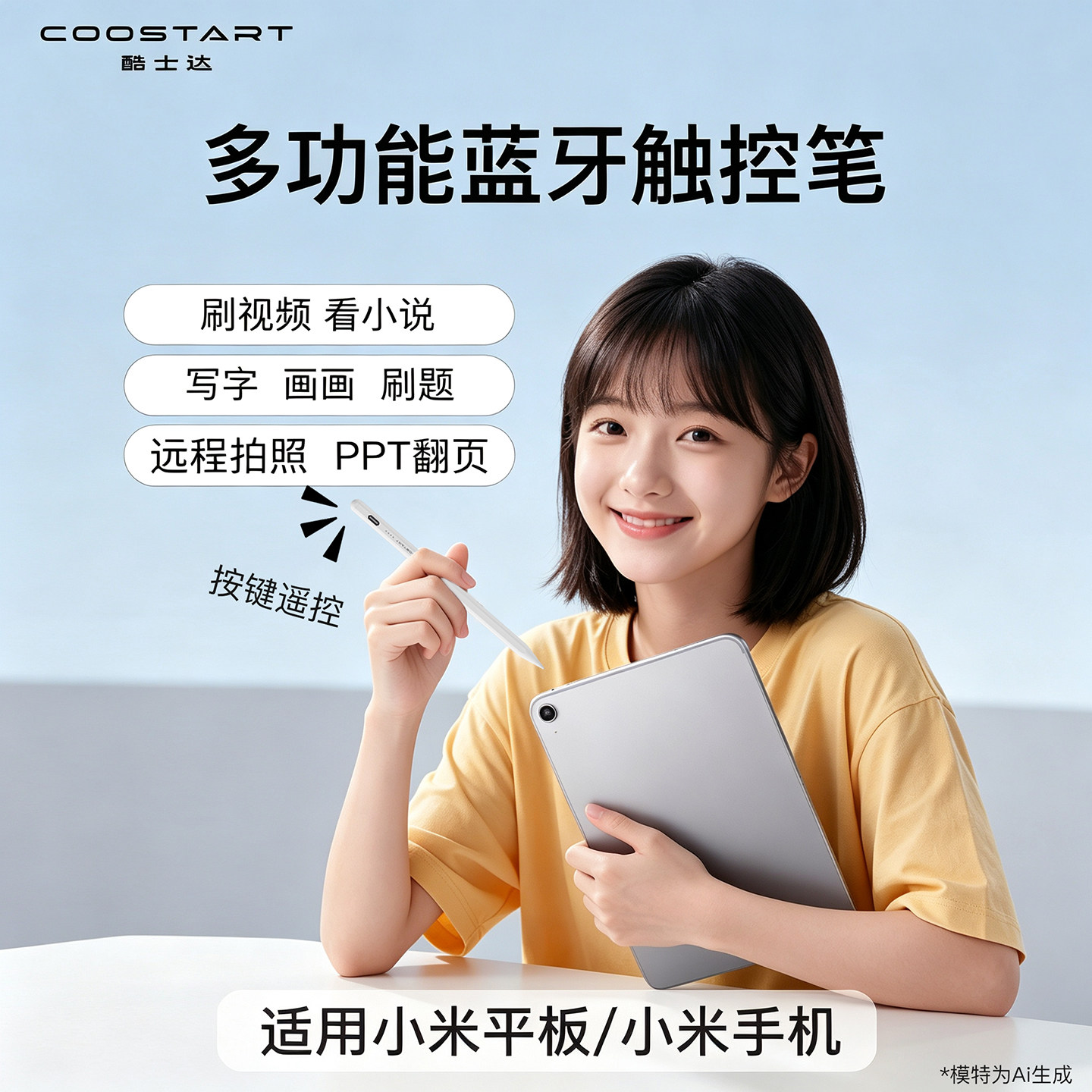 酷士达适用xiaomi磁吸遥控手写笔小米平板手机无线蓝牙拍照视频录制小说翻页器多功能电容笔触屏pad触控笔