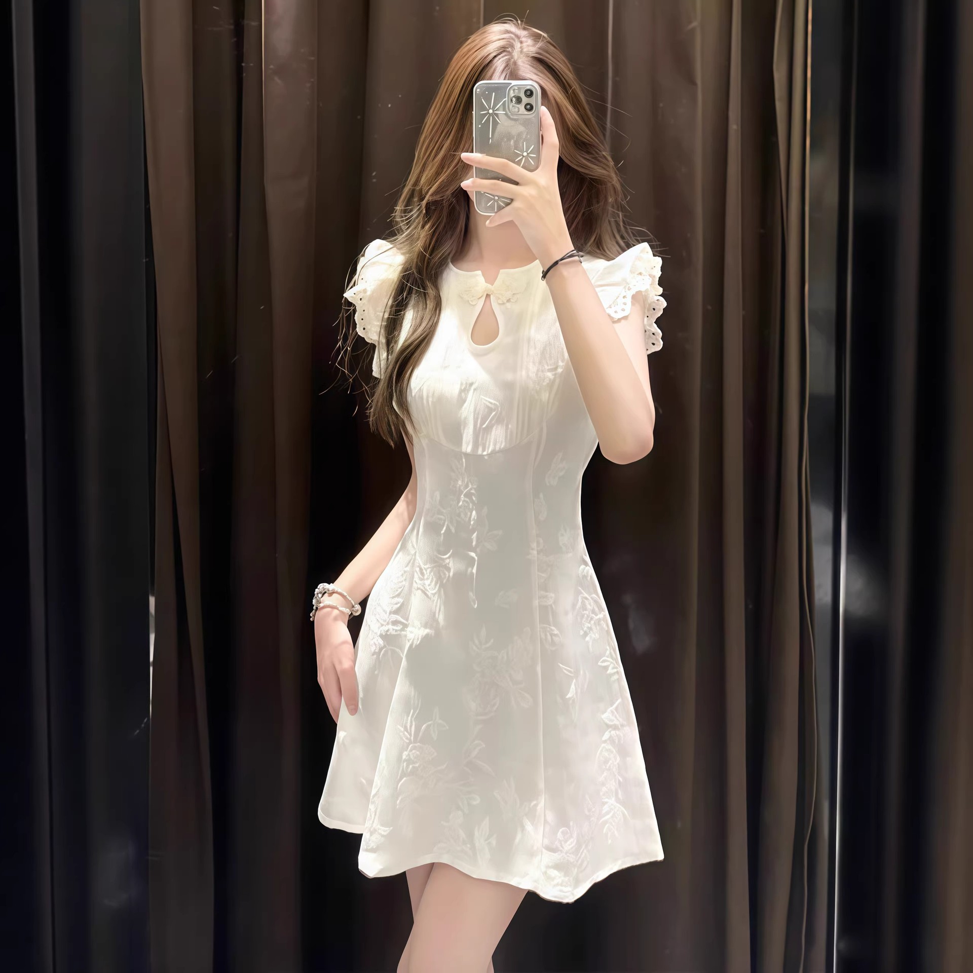 新中式改良旗袍连衣裙女 小个子收腰显瘦提花飞飞袖气质短裙