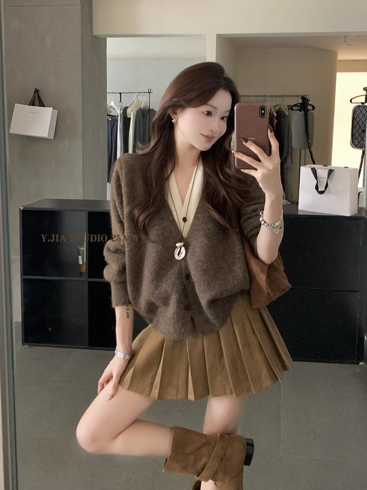 撞色假两件v领针织开衫女秋冬美拉德穿搭宽松慵懒风毛衣外套上衣
